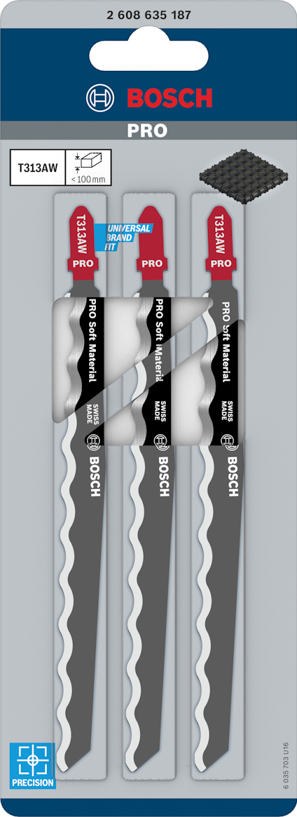 Förpackning med tre Bosch Pro sticksågblad, modell T313AW, för metall.