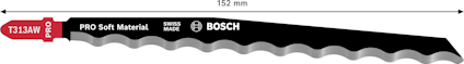 Svart sågblad med vita tänder och texten "T 313 AW, PRO Soft Material, Swiss Made, Bosch," och en längdangivelse på 152 mm.