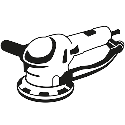 Illustration av en excenterslip med handtag och rund slipplatta.