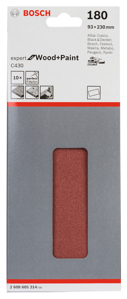 Förpackning för Bosch slippapper, expert Wood+Paint, C430, 180 korn, 93 x 230 mm.