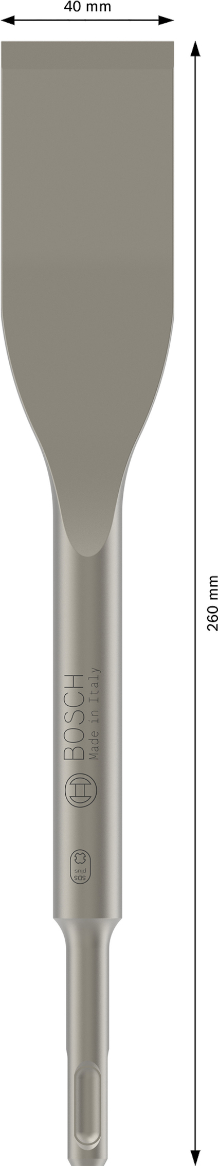 Mejsel med brett platt blad, Bosch-märke, 40 mm bredd och 250 mm längd.
