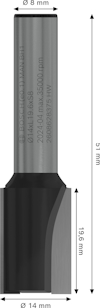 Fräs med mått: längd 51 mm, skärdjup 19,6 mm, skaftdiameter 8 mm, skärdiameter 14 mm.
