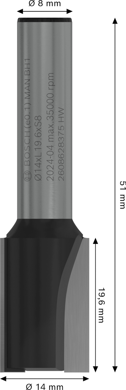 Fräs med mått: längd 51 mm, skärdjup 19,6 mm, skaftdiameter 8 mm, skärdiameter 14 mm.
