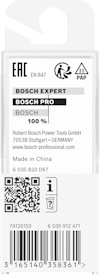 Förpackning med Bosch-kategorierna Expert och Pro, innehåller EAC och EN 847 markeringar, QR-kod och streckkod.