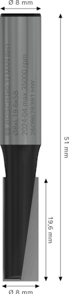 Fräsverktyg med mått: total längd 51 mm, arbetslängd 19,6 mm, diameter 8 mm.