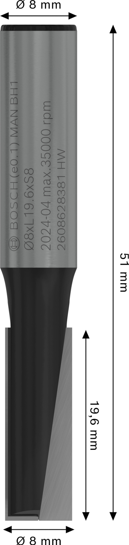 Fräsverktyg med mått: total längd 51 mm, arbetslängd 19,6 mm, diameter 8 mm.