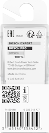 Förpackning med Bosch Expert och Bosch Pro-loggor, streckkod och tillverkningsinformation i Kina.