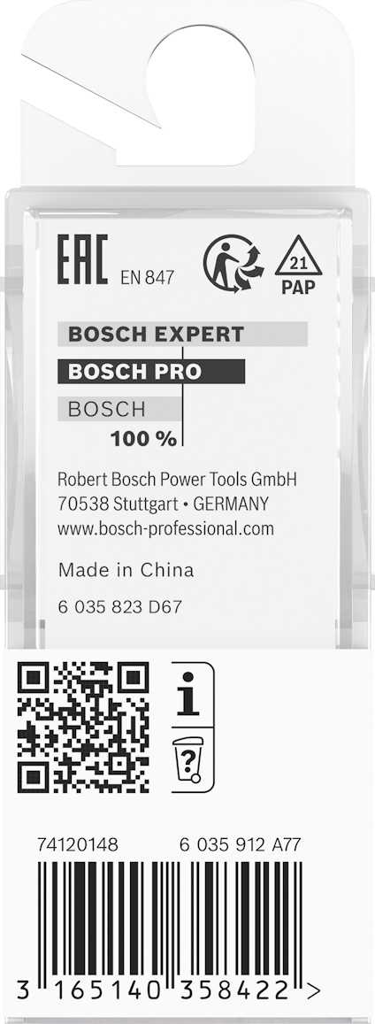 Förpackning med Bosch Expert och Bosch Pro-loggor, streckkod och tillverkningsinformation i Kina.