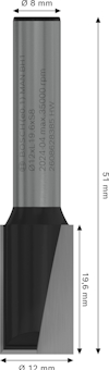 Verktyg med metallskär; text: Ø 8 mm, 51 mm, 19,6 mm, Ø 12 mm, 2 608 629 383 HW.