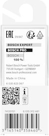 Förpackningens baksida av verktyg, märkt Bosch Expert och Bosch Pro, tillverkad av Bosch Power Tools i Kina. QR-kod synlig.