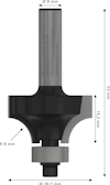 Frässtål med specifikationer: skaftdiameter 8 mm, total längd 53 mm, radie 8 mm, skärdiameter 28,7 mm.