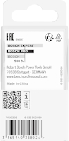 Förpackning med Bosch Pro verktyg, EAC EN 847 certifierad. Tillverkad i Kina. Innehåller QR-kod och adress i Stuttgart, Tyskland.
