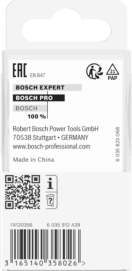 Förpackning med Bosch Pro verktyg, EAC EN 847 certifierad. Tillverkad i Kina. Innehåller QR-kod och adress i Stuttgart, Tyskland.