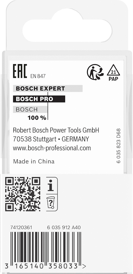 Förpackningstext med logotyper, produktnamn "BOSCH EXPERT" och "BOSCH PRO", kontaktuppgifter, QR-kod och streckkod.