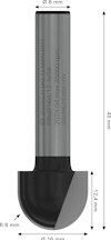 Stålfärgad skärbits med rundad spets; mått: Ø8 mm, Ø16 mm, R8 mm, 45 mm längd. Text: R8X16MM, 1/2 AS8.