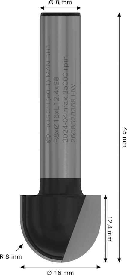 Stålfärgad skärbits med rundad spets; mått: Ø8 mm, Ø16 mm, R8 mm, 45 mm längd. Text: R8X16MM, 1/2 AS8.