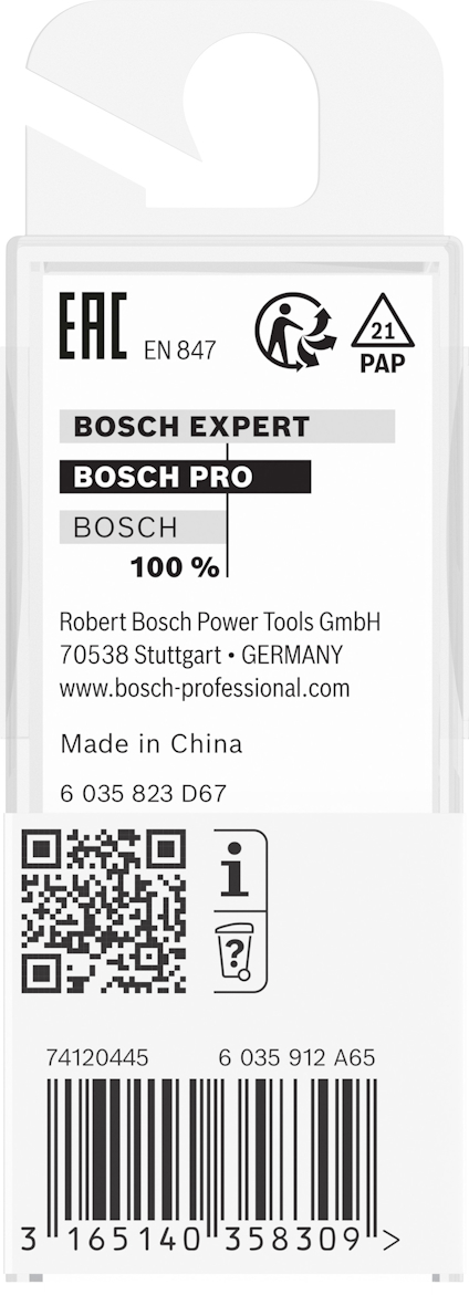 Förpackning med text: BOSCH EXPERT, BOSCH PRO, Made in China, QR-kod, streckkod 3165140358309.