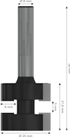 Fräsbits med mått: total längd 58 mm, skärbredd 25 mm, deldjup 8 mm och skärlängd 21,6 mm. Axeldiameter 8 mm.