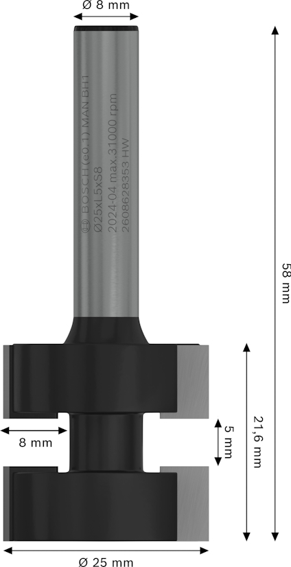 Fräsbits med mått: total längd 58 mm, skärbredd 25 mm, deldjup 8 mm och skärlängd 21,6 mm. Axeldiameter 8 mm.