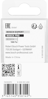 Förpackningens baksida med texten "BOSCH EXPERT", "BOSCH PRO", "100%" och streckkoder samt QR-kod. Tillverkad i Kina.