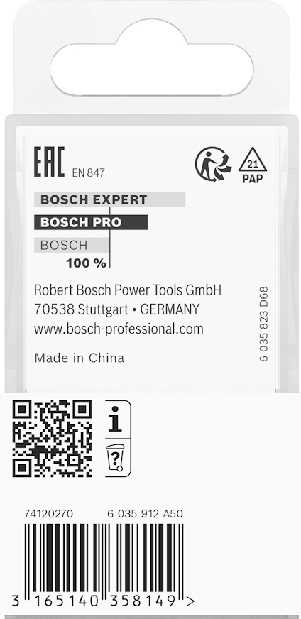Förpackningens baksida med texten "BOSCH EXPERT", "BOSCH PRO", "100%" och streckkoder samt QR-kod. Tillverkad i Kina.