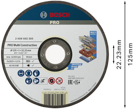 Slip- och kapskiva från Bosch Pro, för multi construction, diameter 125 mm, tjocklek 22,23 mm, varvtal max 12250 rpm.