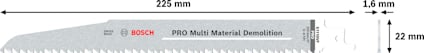 Sågblad med text "Bosch PRO Multi Material Demolition", dimensioner 225 mm x 22 mm x 1,6 mm.