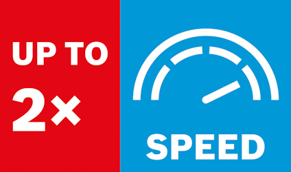 Röd och blå grafik med texten "UP TO 2x SPEED" och en vit hastighetsmätare.