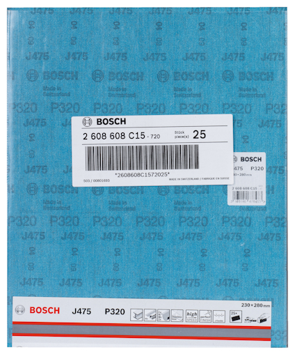 Blått sandpapper Bosch J475 P320, storlek 230x280 mm, etikett med artikelnummer och streckkod.