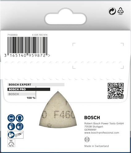 Förpackning av Bosch Expert slipark, med QR-kod och streckkod. Made in Switzerland.