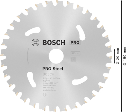 Silverfärgad cirkelsågklinga med texten "BOSCH PRO Steel", mått 150 mm och 20 mm. Tillverkad i Kina.
