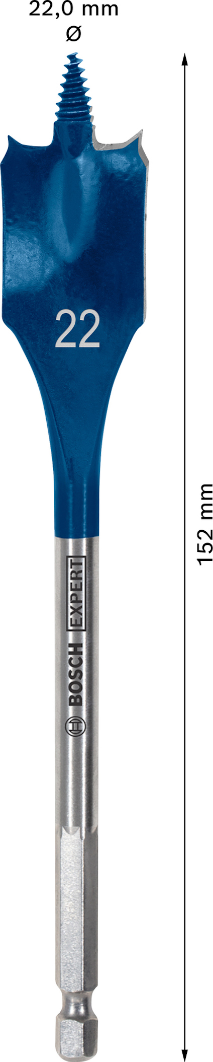 Borr med spadformigt blått huvud märkt "22", längdindikator 152 mm och diameter 22,0 mm.