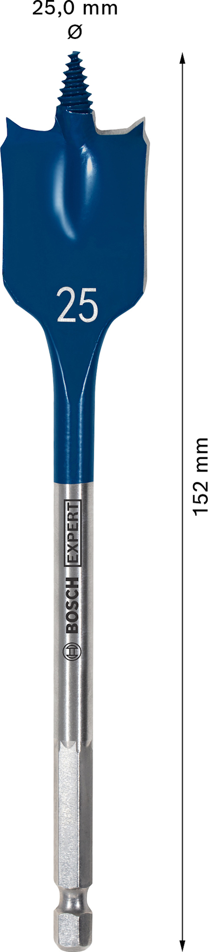 Borr med bred spets, märkt "25" och texten "Bosch Durablue," längd markerad som 152 mm och diameter 25,0 mm.