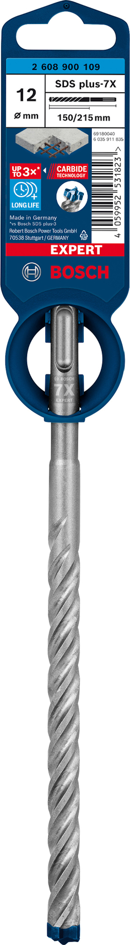 Borr SDS plus-7X, 12 x 200 x 260 mm, Bosch, etikett med specifikationer.