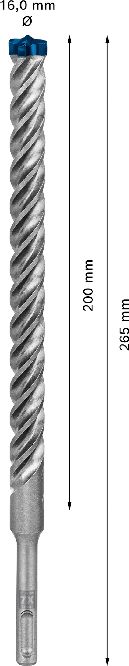 Borr med spiraldesign, längd 265 mm, arbetslängd 200 mm, diameter 16 mm.