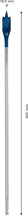 Spadeborr med blått huvud och 18 mm bladdiameter, total längd 400 mm.