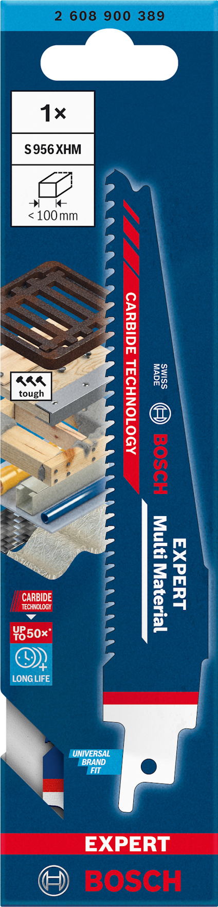 Förpackning med Bosch tigersågblad, modell S966XHM, lämpligt för olika material, har en tandad design och märkningen "Carbide Technology".