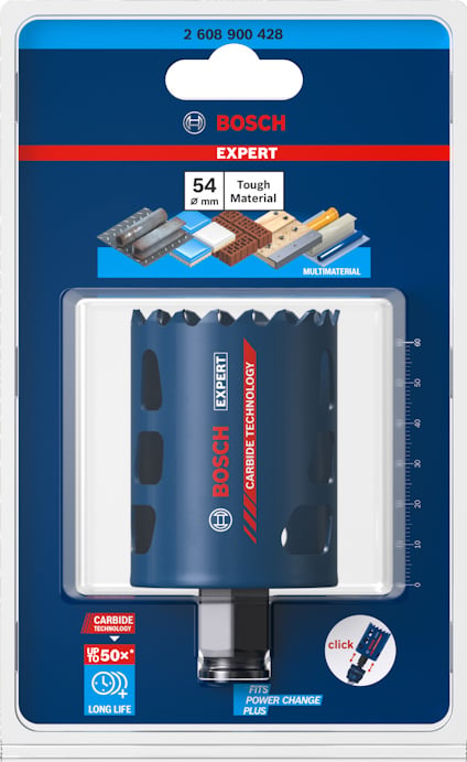 Förpackning med Bosch hålsåg, 54 mm, för tuffa material. Innehåller etiketter som "CARBIDE TECHNOLOGY" och "CLICK."