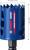 Blå cylindersåg med tandad kant, Bosch-märke, 60 mm hög, 54 mm i diameter, text "CARBIDE TECHNOLOGY".