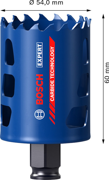 Blå cylindersåg med tandad kant, Bosch-märke, 60 mm hög, 54 mm i diameter, text "CARBIDE TECHNOLOGY".