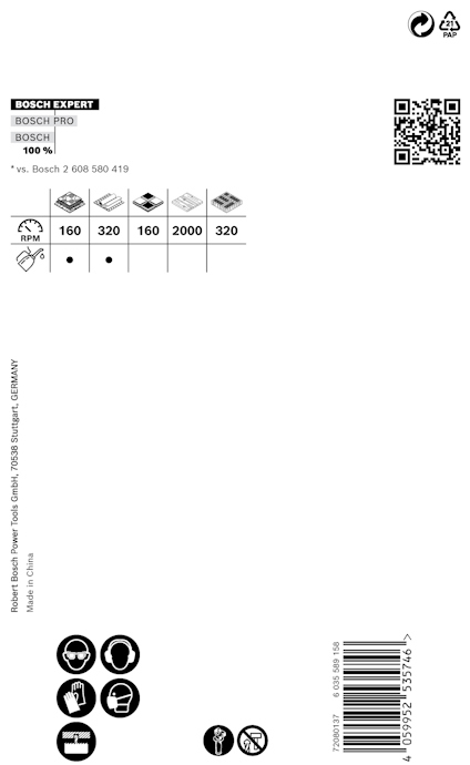 Förpackning med Bosch Expert sandpappersark, olika kornstorlekar: 160, 320, 1200, 2000, 320. QR-kod och symboler synliga.