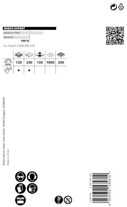 Förpackning med Bosch slippapper, visar kornstorlekar 120, 240, 1200, 1800 och QR-kod.