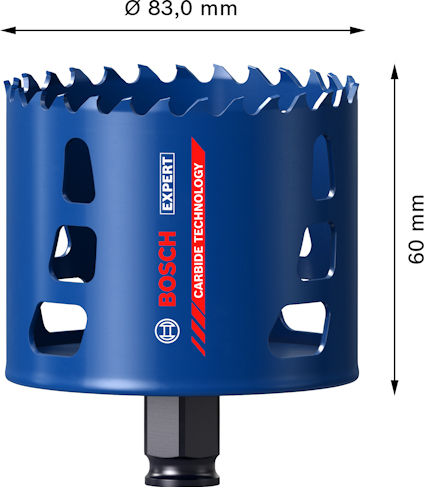 Blå hålsåg med texten "Ø 83,0 mm", "60 mm", "BOSCH EXPERT", "CARBIDE TECHNOLOGY" och symboler på sidan.