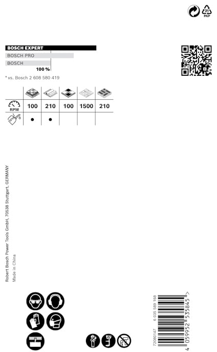 Förpackning med Bosch Expert, artikelnummer 2 608 580 419, innehåller produktsymboler och QR-kod.