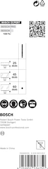 Förpackning med grafik och text. Angivelser: 25 mm, 45 mm, 60 mm. Inkluderar QR-kod och Bosch-logotyp. Made in China.