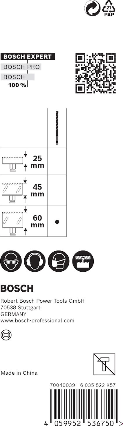 Förpackning med grafik och text. Angivelser: 25 mm, 45 mm, 60 mm. Inkluderar QR-kod och Bosch-logotyp. Made in China.