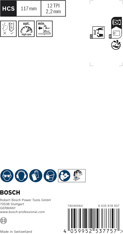 Förpackningsetikett för sågblad med symboler, text om tekniska specifikationer och streckkod.