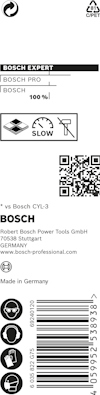 Förpackningsetikett för Bosch Expert borr tillverkad i Tyskland, med QR-kod och hållbarhetssymboler.