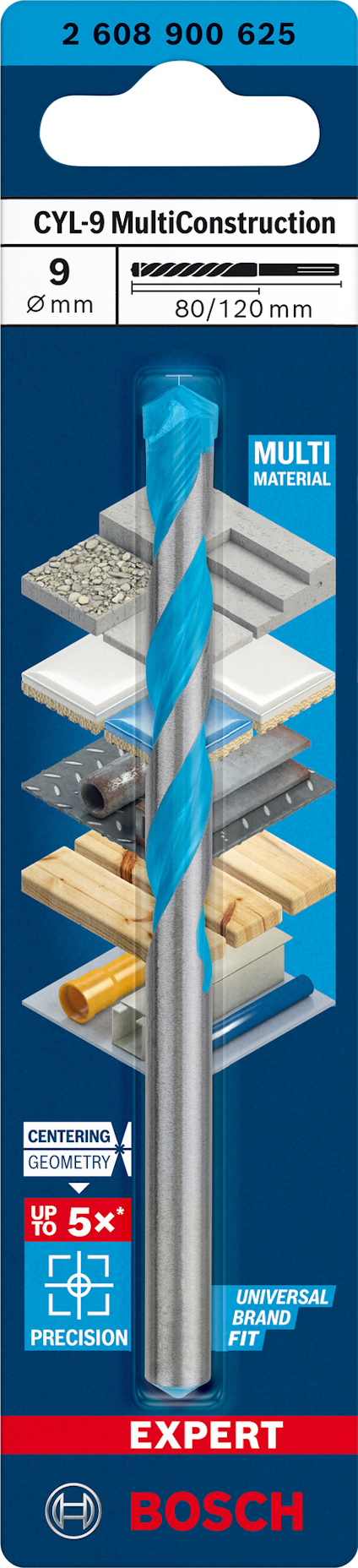 Förpackning av Bosch CYL-9 MultiConstruction borr, 9 mm, 80/120 mm, som kan användas för flera material.