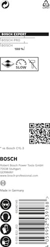 Förpackning med Bosch logotyp, QR-kod, streckkod och text om tillverkning i Tyskland.